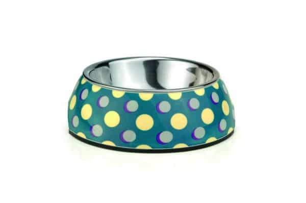 Gamelle Minipal en melamine pour chihuahuas et petits chiens bleu fonce a pois jaunes-blancs - Beeztees
